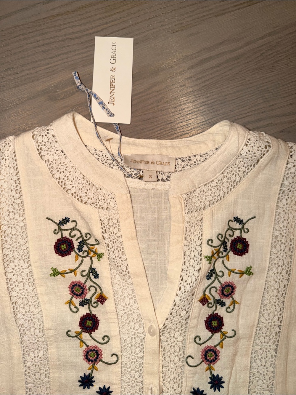 Jennifer & Grace Embroidered Cream Button-Front Peasant Blouse - Picture 4 of 5